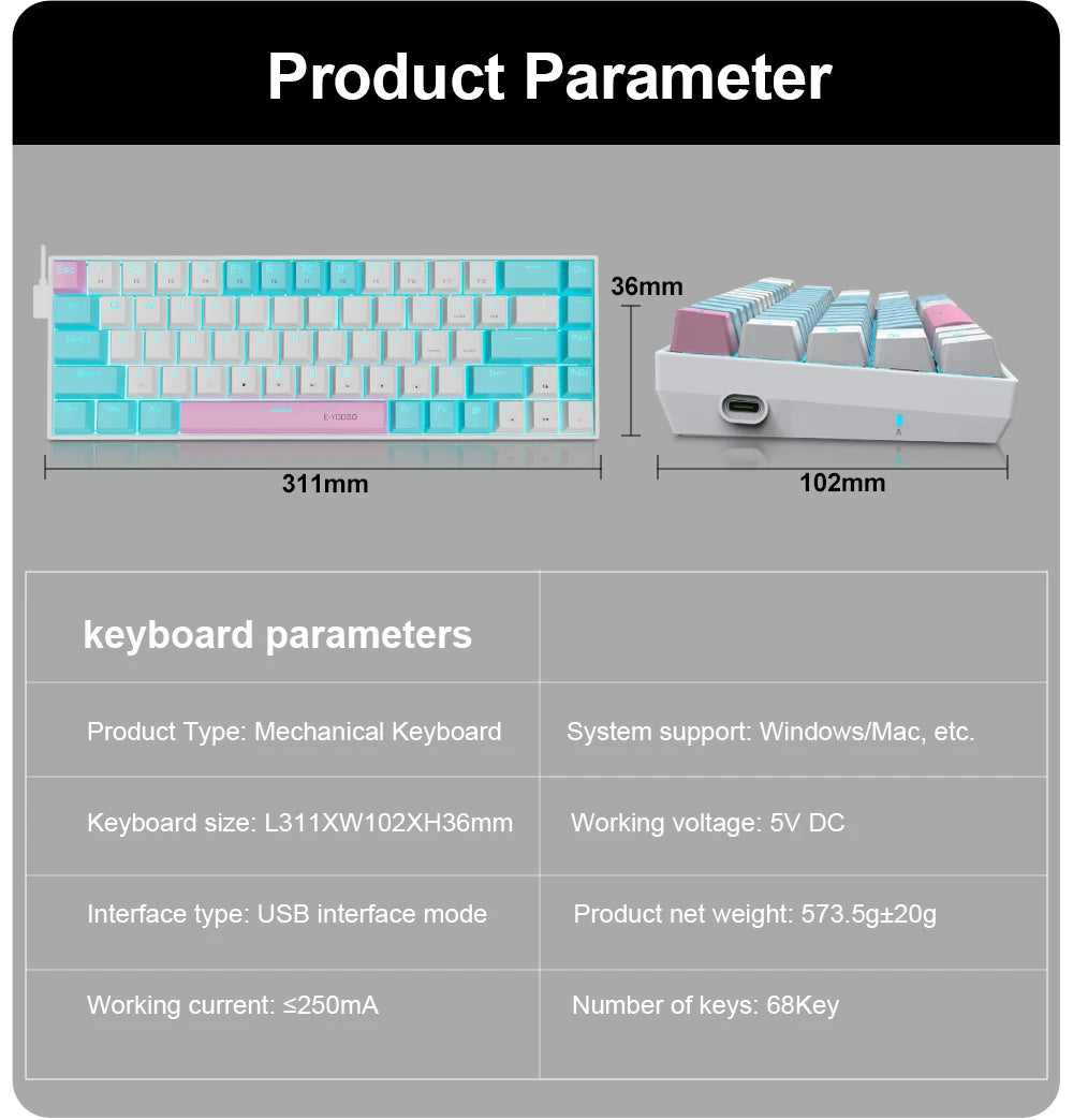 E-YOOSO Z686 USB Mini Slim Mechanical Gaming Wired Keyboard Red Switch 68Keys Russian Brazilian Portuguese for Compute PC Laptop