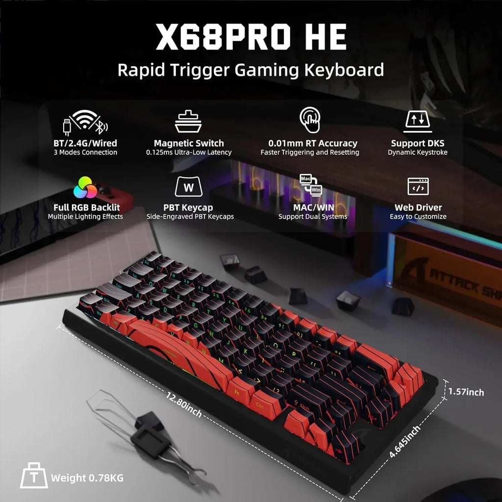 ATTACK SHARK X68 PRO HE Wireless Rapid Trigger Gaming Keyboard 8K Polling Rate Hot-Swap RGB Backlit
