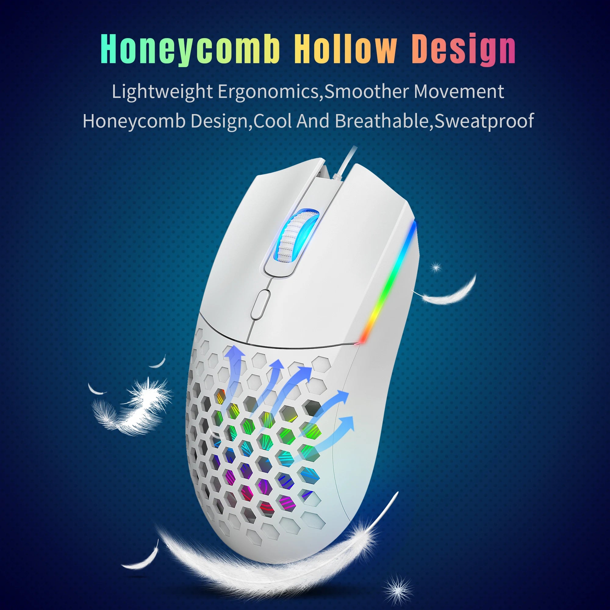 6 Keys Wired Gaming Mouse Honeycomb Hollow Design Colorful Backlight Adjustable 6400 DPI Mouse for Home office PC Gamer