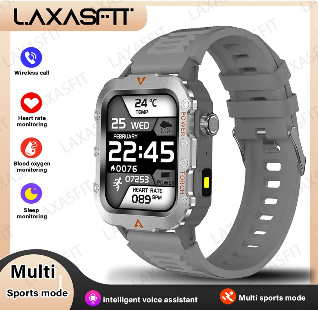 LAXASFIT New Outdoor Military Smartwatch Bluetooth Talking Smartwatch 1.73 Inch LED Sports Fitness Watch