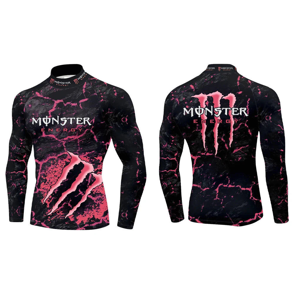 2025 New Monster Energy Men's Half High Collar Long Sleeve T-shirt Cool Crack Printed Sports Passion Dynamic Street Vitality