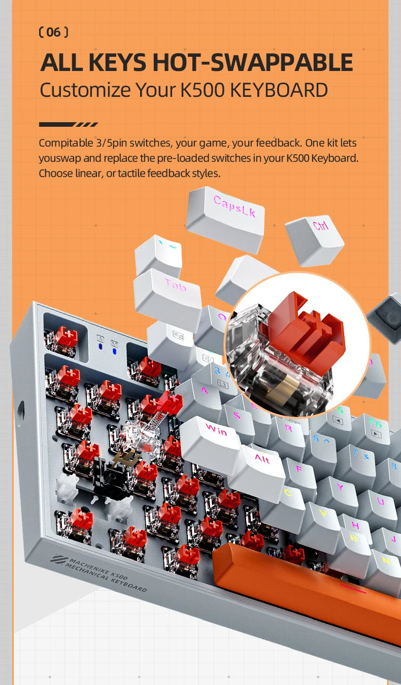 Machenike K500W Wireless Mechanical Keyboard Hot Swap Tri-mode 94 Keys RGB Backlit Gaming Keyboard for PC Gamer Laptop