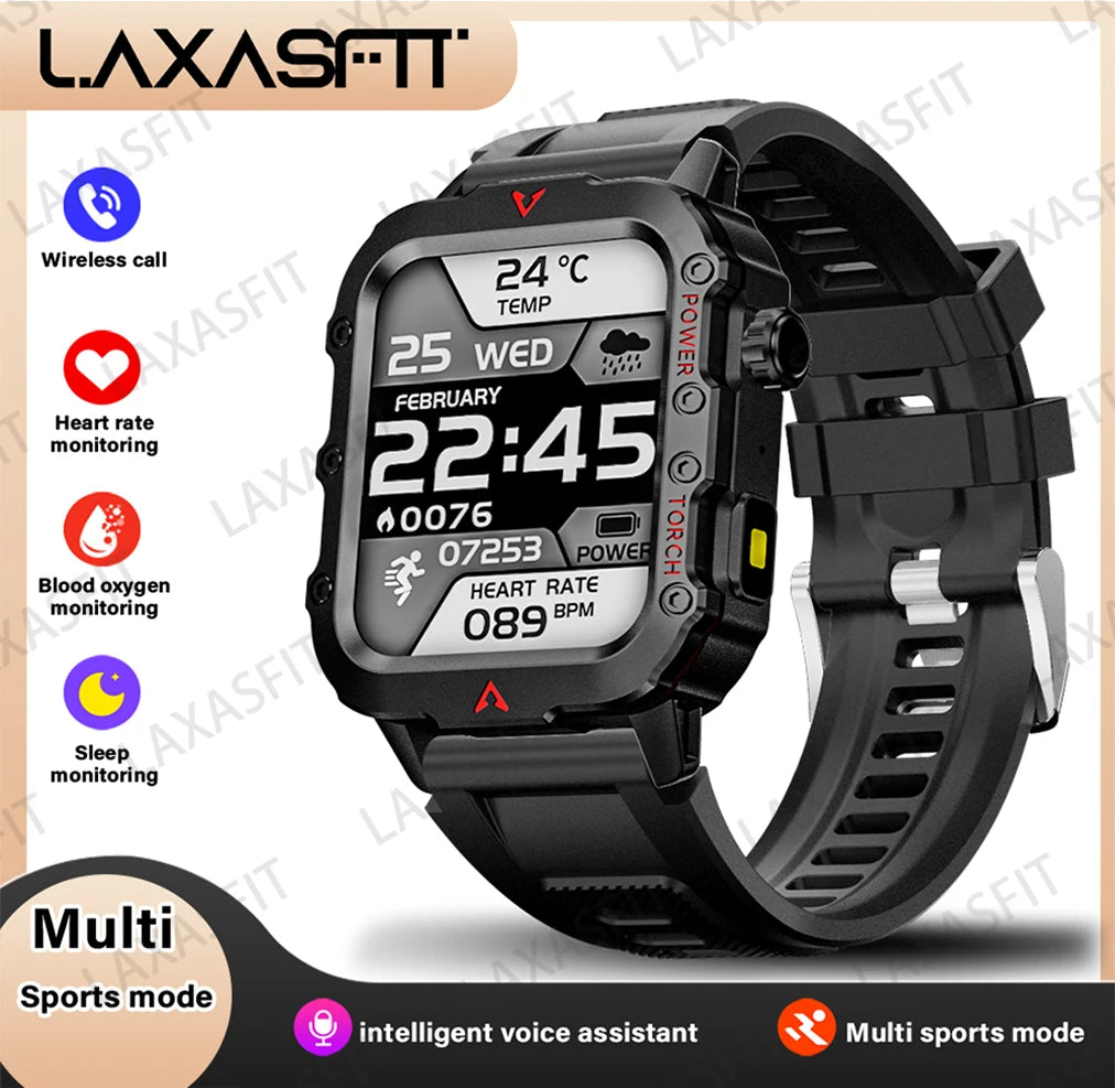 LAXASFIT New Outdoor Military Smartwatch Bluetooth Talking Smartwatch 1.73 Inch LED Sports Fitness Watch