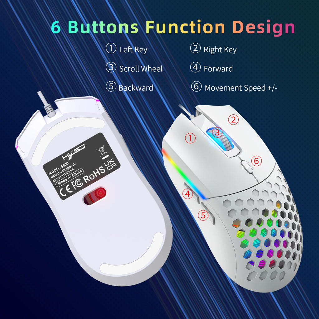 6 Keys Wired Gaming Mouse Honeycomb Hollow Design Colorful Backlight Adjustable 6400 DPI Mouse for Home office PC Gamer