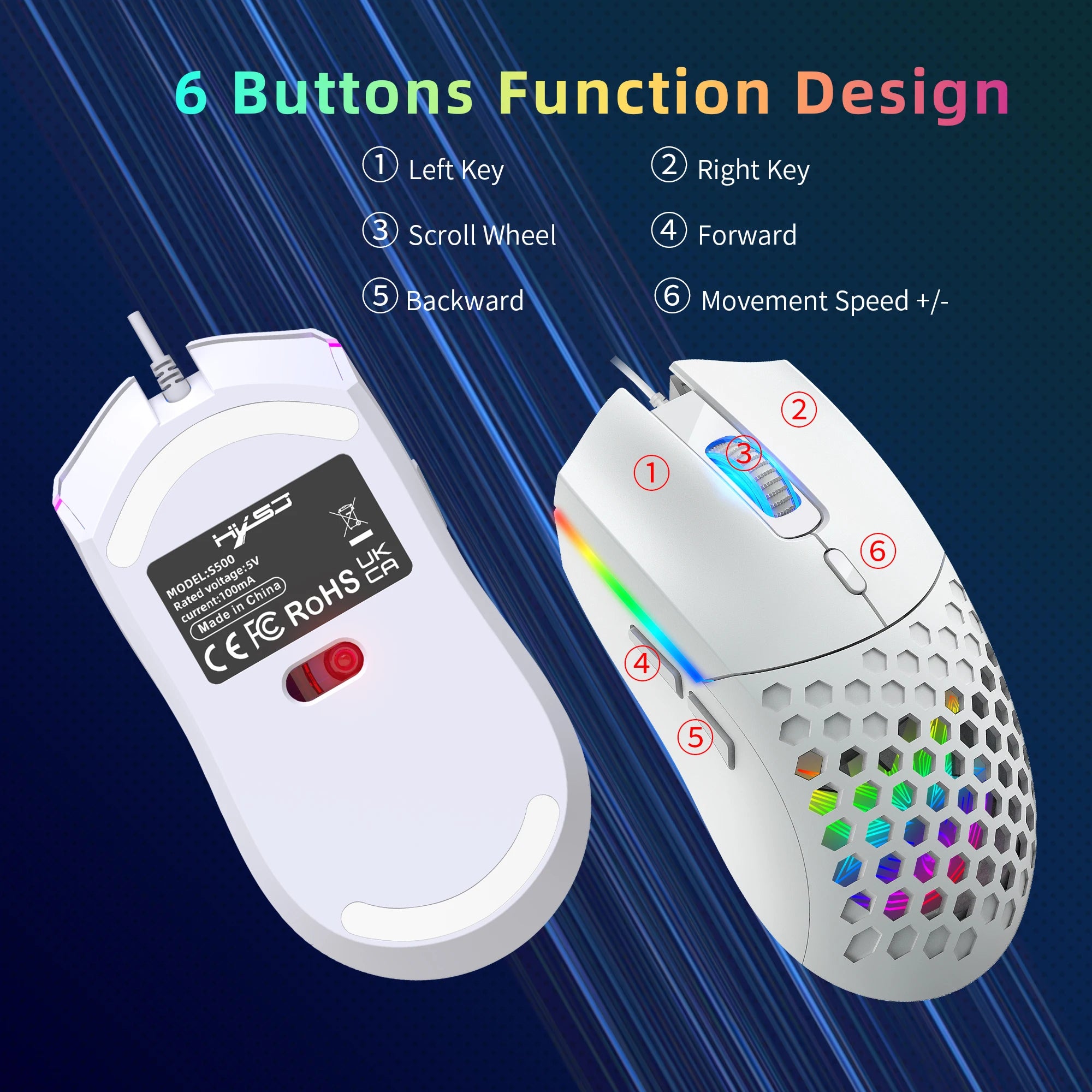 6 Keys Wired Gaming Mouse Honeycomb Hollow Design Colorful Backlight Adjustable 6400 DPI Mouse for Home office PC Gamer