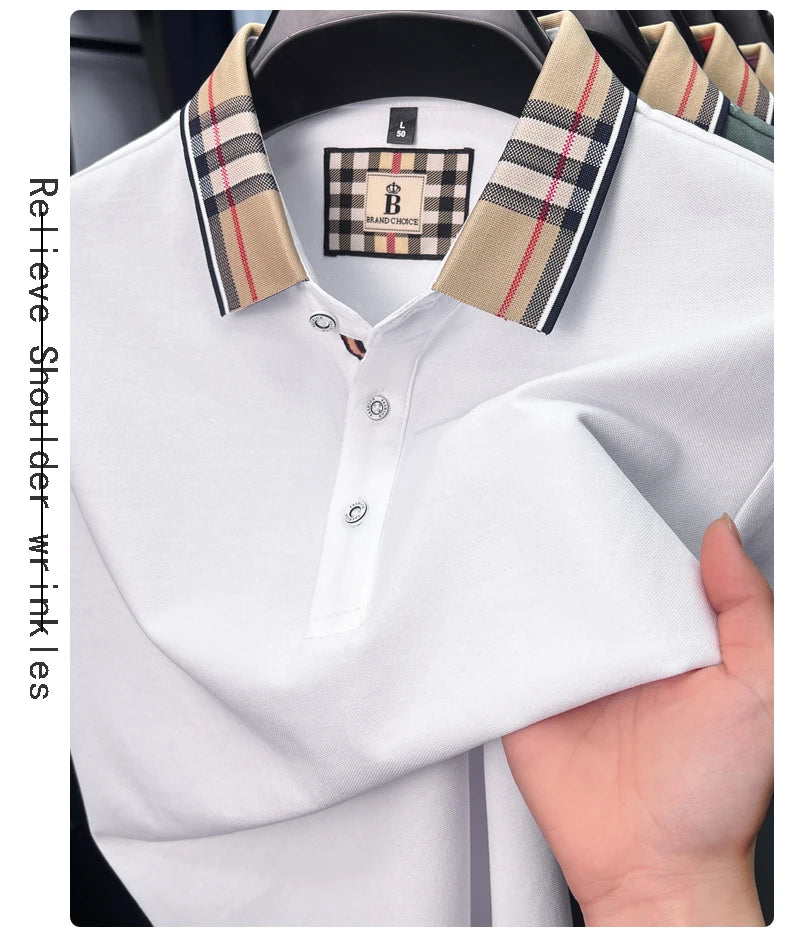 Luxury brand short sleeve polo shirt men's summer new silk cotton breathable fashion top casual business plaid lapel T-shirt