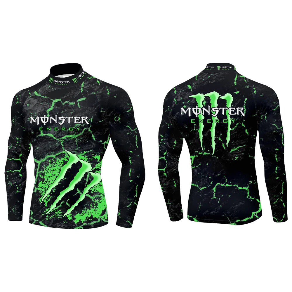 2025 New Monster Energy Men's Half High Collar Long Sleeve T-shirt Cool Crack Printed Sports Passion Dynamic Street Vitality