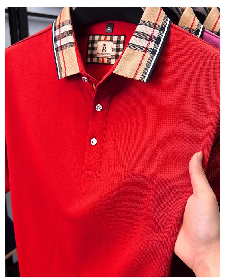 Luxury brand short sleeve polo shirt men's summer new silk cotton breathable fashion top casual business plaid lapel T-shirt
