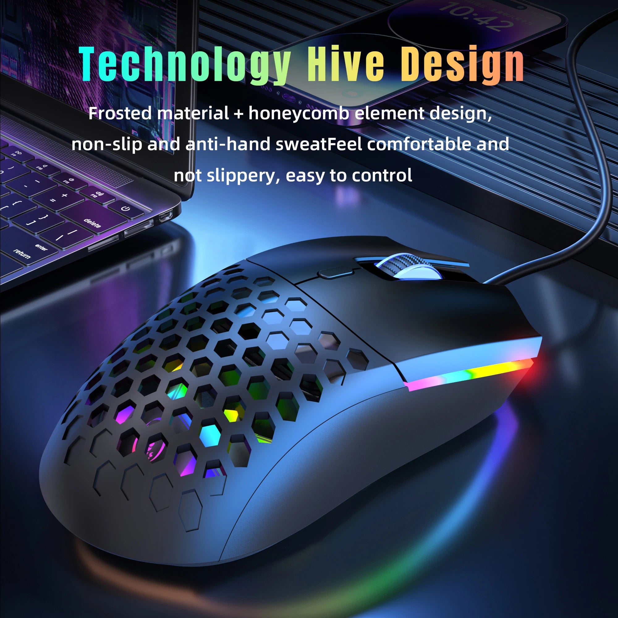 6 Keys Wired Gaming Mouse Honeycomb Hollow Design Colorful Backlight Adjustable 6400 DPI Mouse for Home office PC Gamer
