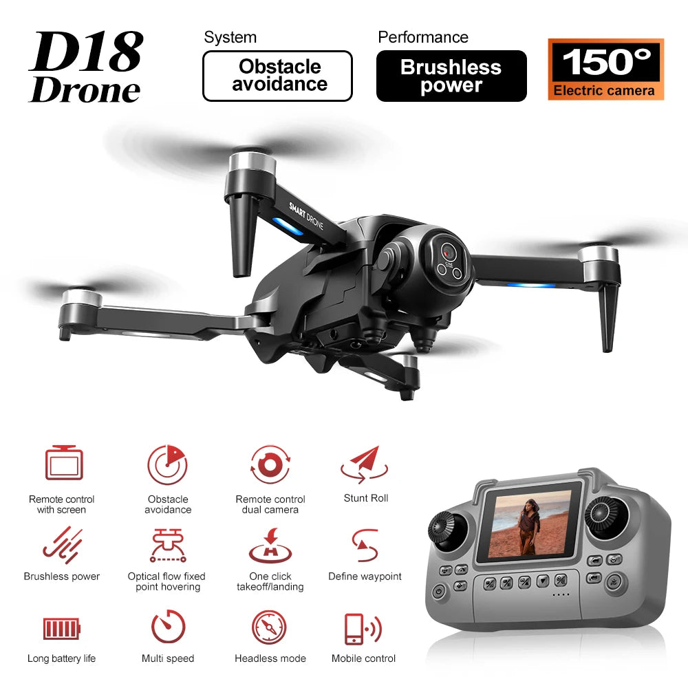 2025 New D18 Drone Professional 8K Camera 5G WiFi FPV UAV Screen Remote Control Brushless Obstacle Avoidance Quadcopter Toy