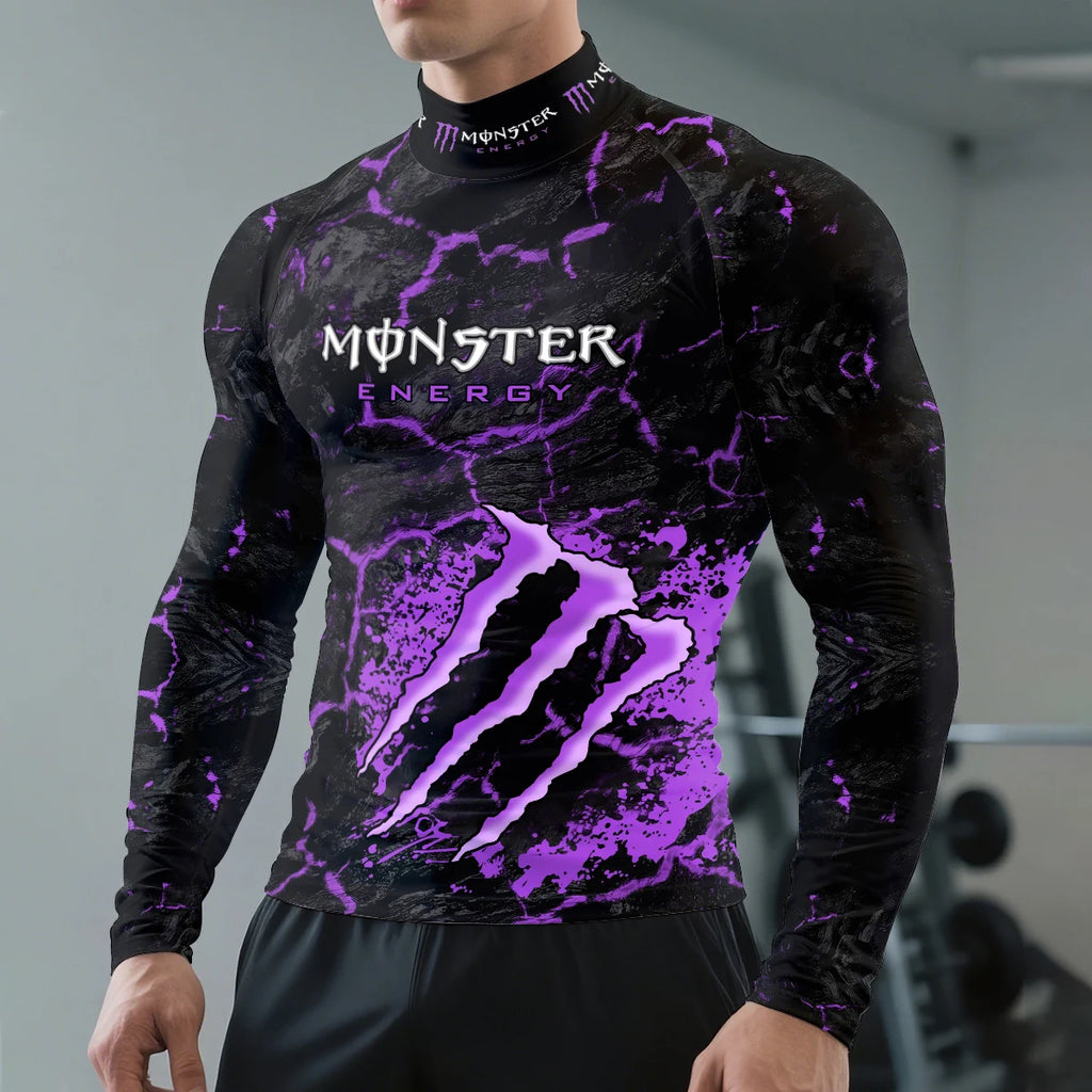 2025 New Monster Energy Men's Half High Collar Long Sleeve T-shirt Cool Crack Printed Sports Passion Dynamic Street Vitality