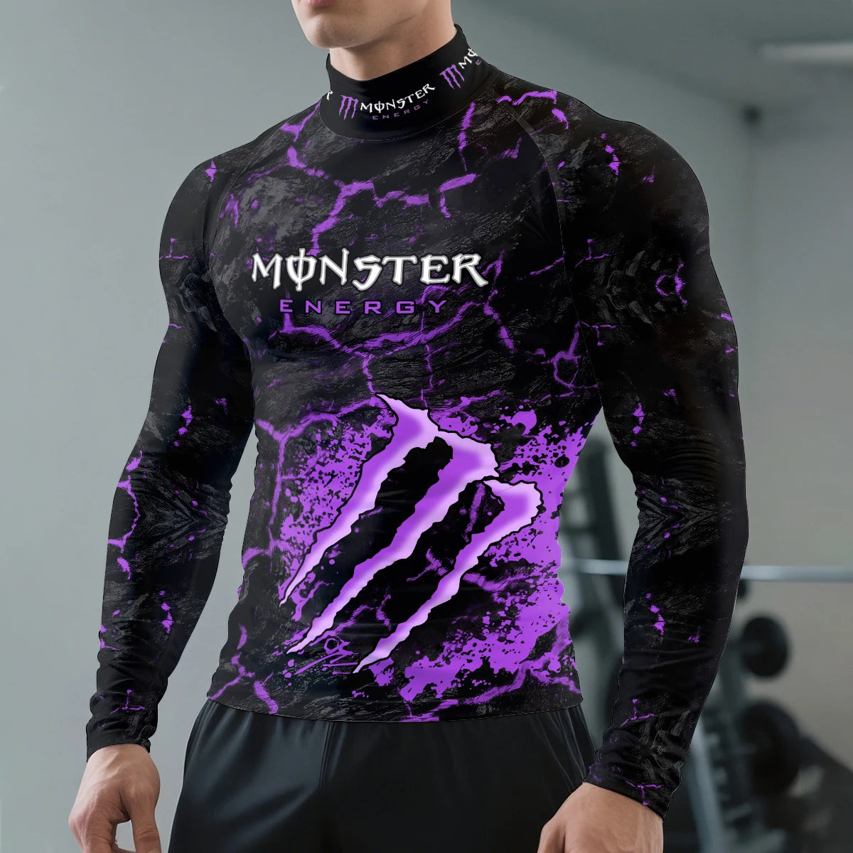 2025 New Monster Energy Men's Half High Collar Long Sleeve T-shirt Cool Crack Printed Sports Passion Dynamic Street Vitality