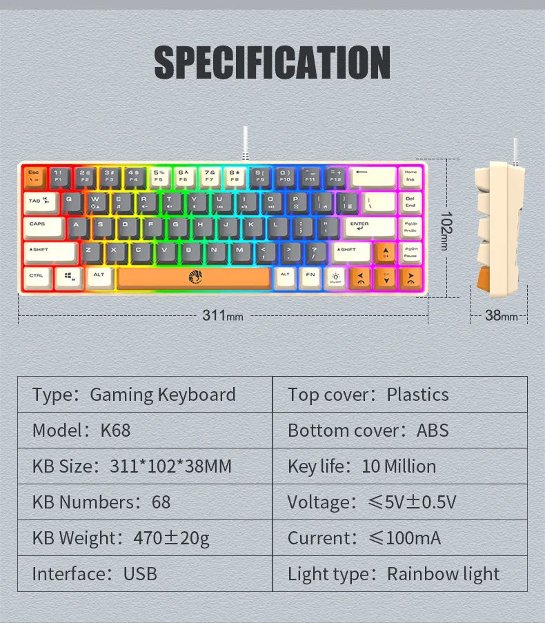 RAIKULei Kui K68 Wired Keyboard Three Color Customized Gaming Luminous Keyboard Mechanical Feel
