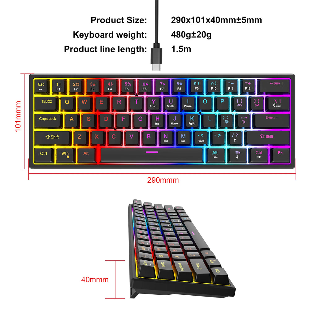 K61 Wired Cyan Axis Mechanical Keyboard RGB Colorful Backlit Ergonomic Design 61 Keys Mini Gaming Keyboard for PC Laptop Desktop