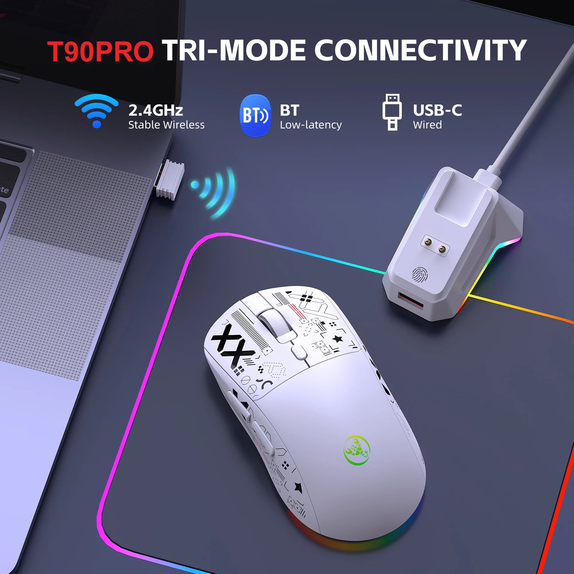 HXSJ T90Pro RGB Backlit Wireless Gaming Mouse with Charging Base Triple Mode 1K Optical Ergonomic Mouse for Esports