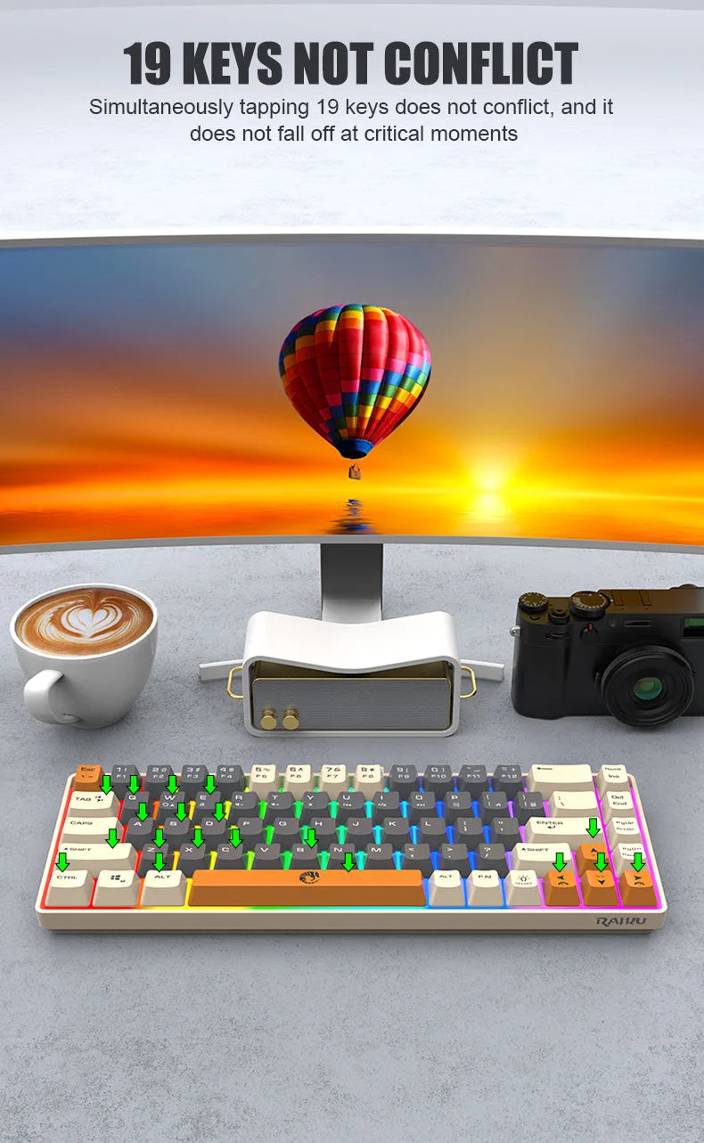 RAIKULei Kui K68 Wired Keyboard Three Color Customized Gaming Luminous Keyboard Mechanical Feel