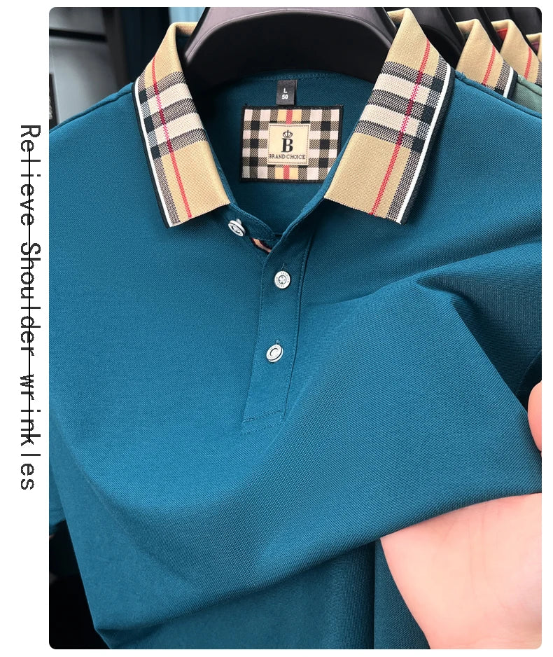 Luxury brand short sleeve polo shirt men's summer new silk cotton breathable fashion top casual business plaid lapel T-shirt
