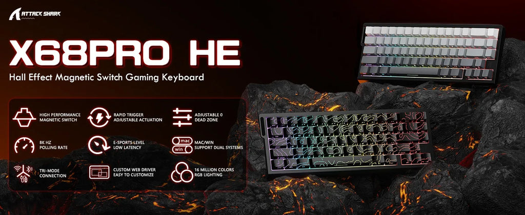 ATTACK SHARK X68 PRO HE Wireless Rapid Trigger Gaming Keyboard 8K Polling Rate Hot-Swap RGB Backlit