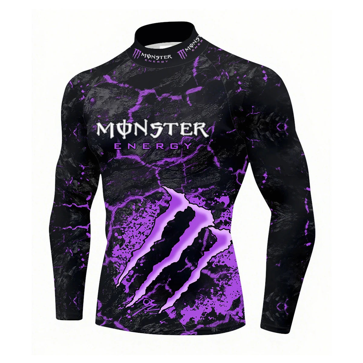 2025 New Monster Energy Men's Half High Collar Long Sleeve T-shirt Cool Crack Printed Sports Passion Dynamic Street Vitality