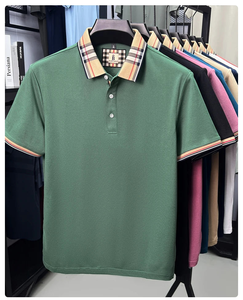 Luxury brand short sleeve polo shirt men's summer new silk cotton breathable fashion top casual business plaid lapel T-shirt