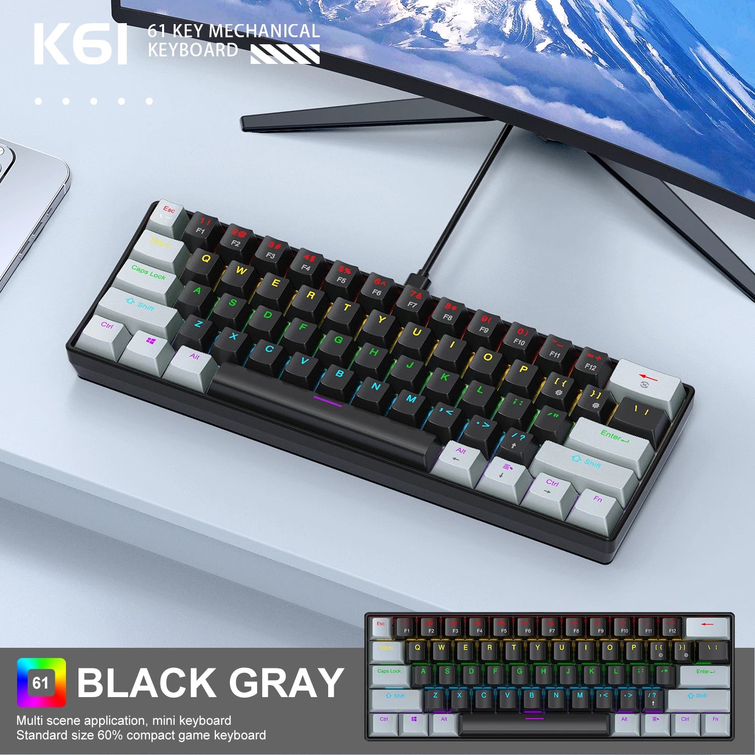 61 Keys Mechanical Keyboard Wired,APAYADO K61 RGB 60% Portable Mini Keyboard Black,White, Red/Blue Switch for Gaming
