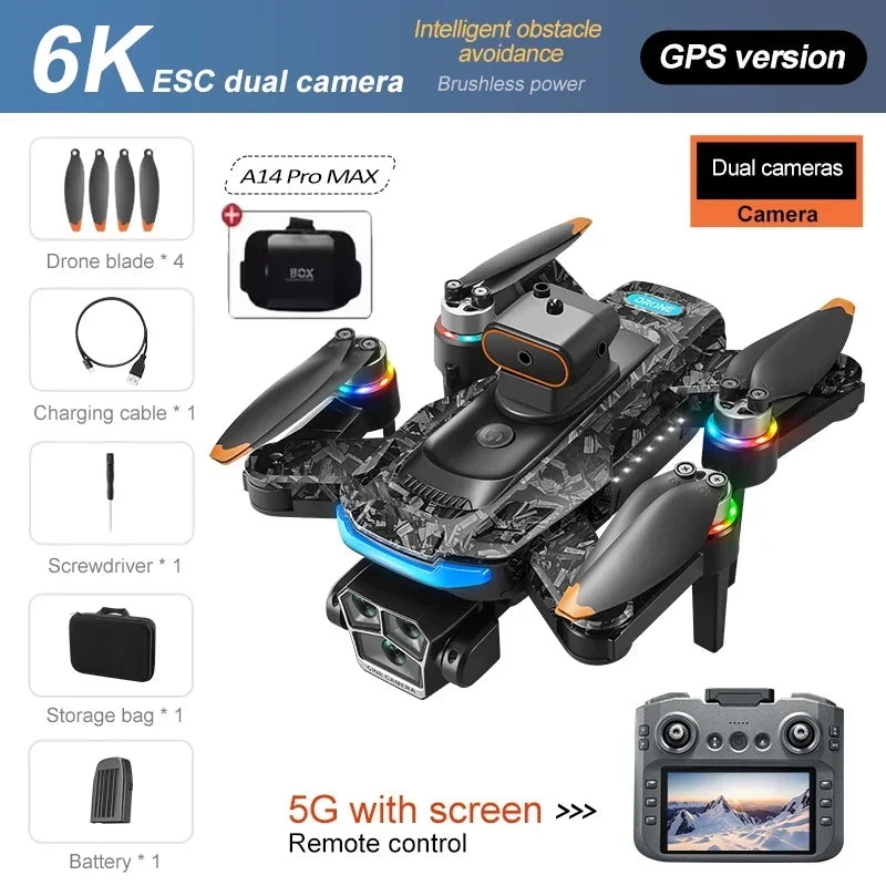 Xiaomi A14Pro Max Drone 8K HD Three Camera GPS Brushless Optical Flow Obstacle Avoidance 4.5-inch large screen UAV RC 18000M