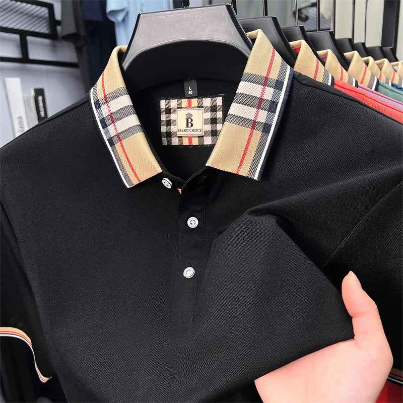 Luxury brand short sleeve polo shirt men's summer new silk cotton breathable fashion top casual business plaid lapel T-shirt