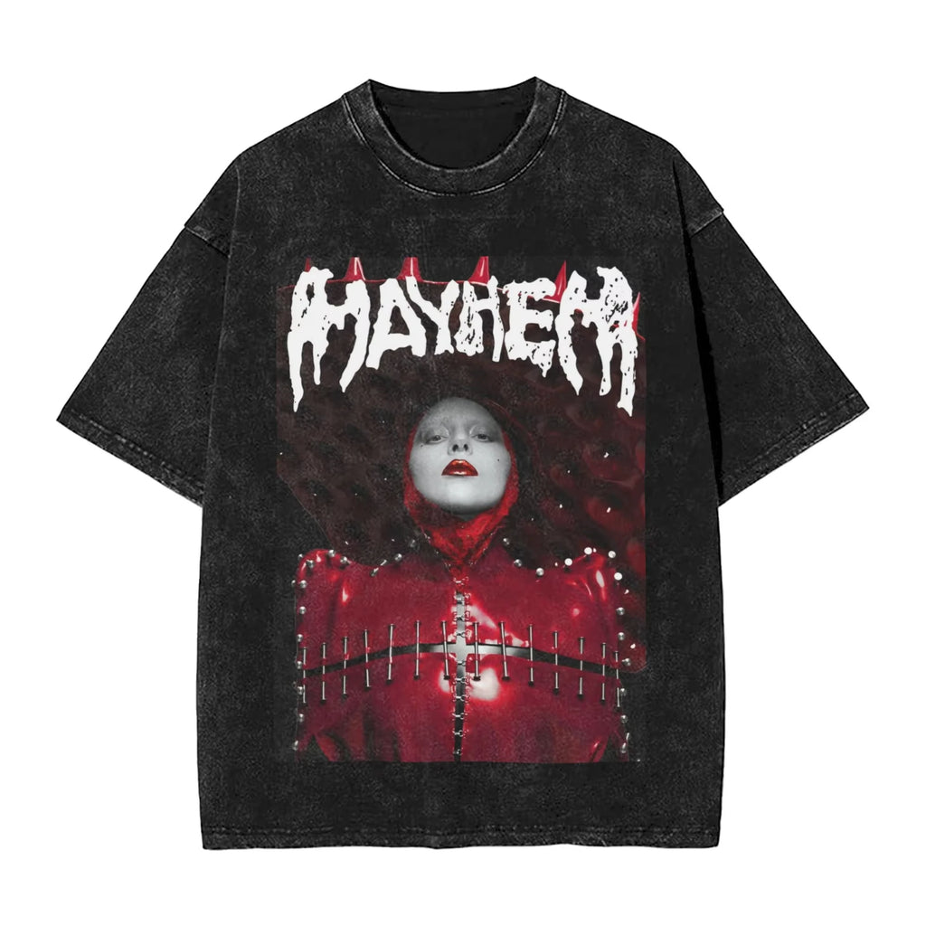 Washed T Shirts Lady Gaga Mayhem Hip Hop Retro Vintage High Street Streetwear Short Sleeve Print Tees Men's Women Tops Harajuku