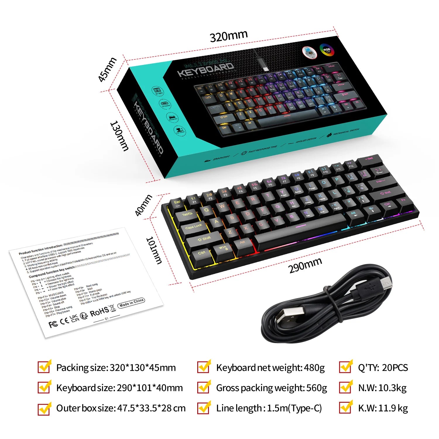 K61 Wired Cyan Axis Mechanical Keyboard RGB Colorful Backlit Ergonomic Design 61 Keys Mini Gaming Keyboard for PC Laptop Desktop