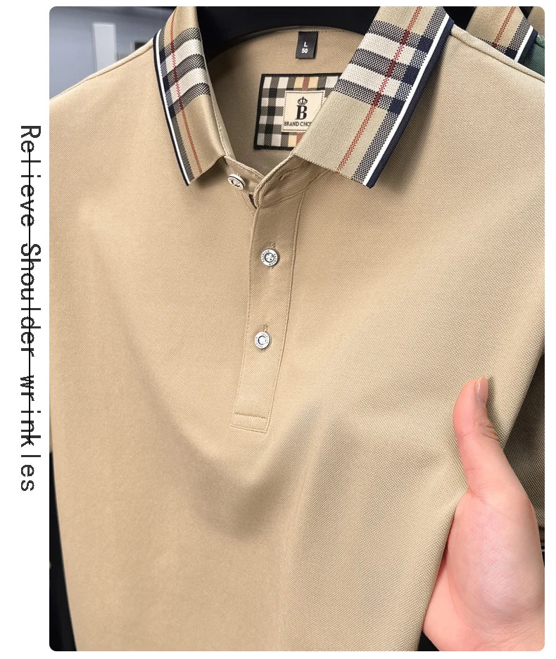 Luxury brand short sleeve polo shirt men's summer new silk cotton breathable fashion top casual business plaid lapel T-shirt