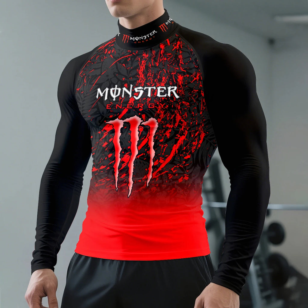 2025Monster Energy Men's Half High Neck Long Sleeve T-shirt Gradient Trend Cool Graffiti Street Vitality Personalized Fashion