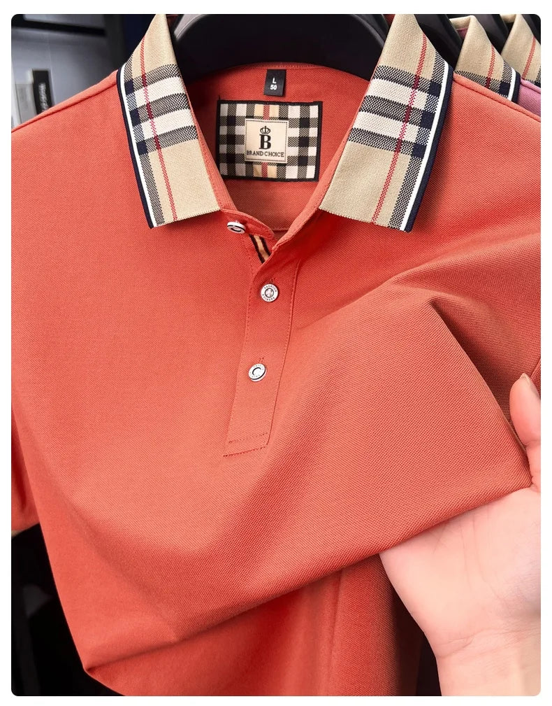 Luxury brand short sleeve polo shirt men's summer new silk cotton breathable fashion top casual business plaid lapel T-shirt