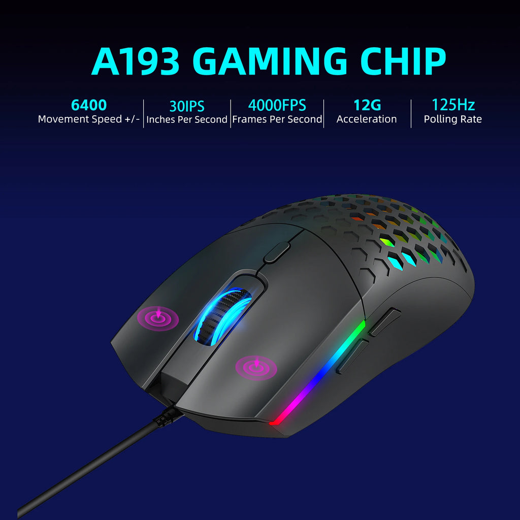 6 Keys Wired Gaming Mouse Honeycomb Hollow Design Colorful Backlight Adjustable 6400 DPI Mouse for Home office PC Gamer