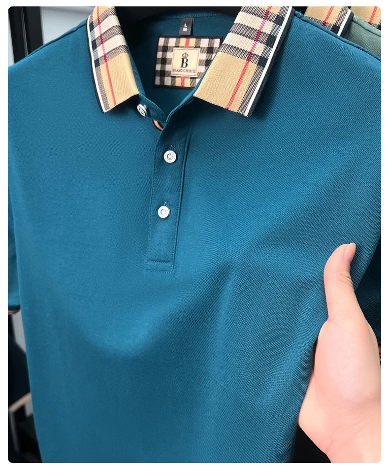 Luxury brand short sleeve polo shirt men's summer new silk cotton breathable fashion top casual business plaid lapel T-shirt
