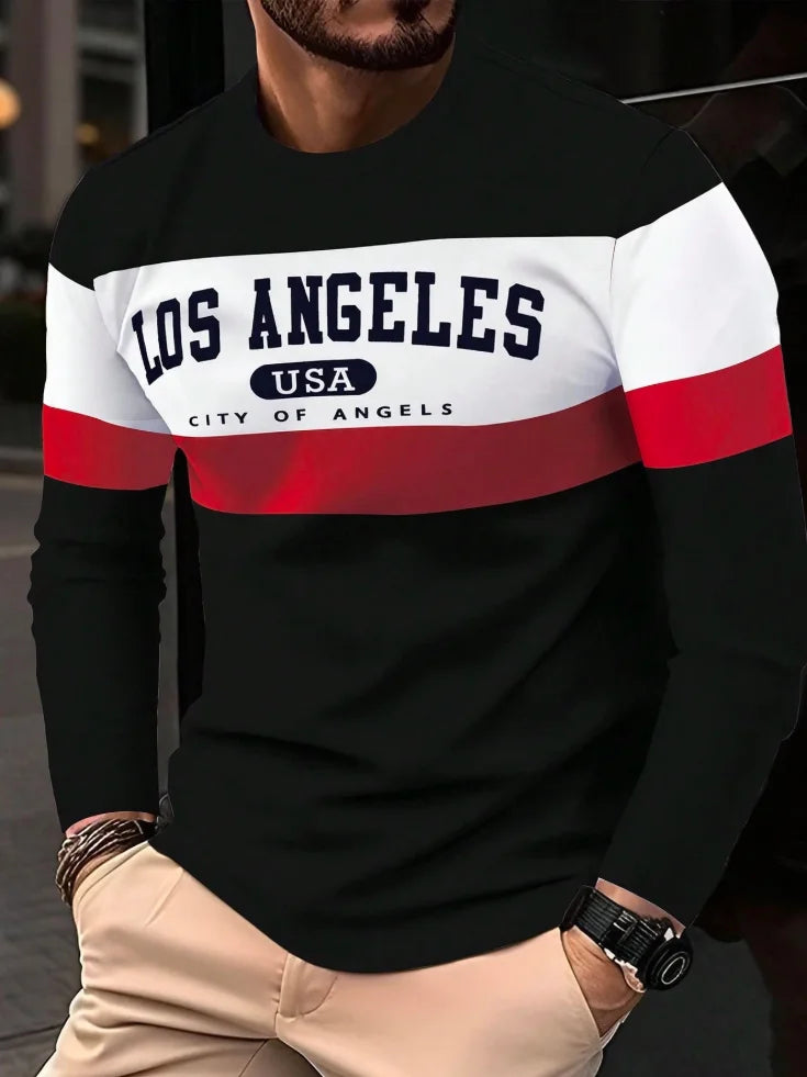 2025 New Men's Casual Trend Long Sleeve T-Shirt Breathable Quick Drying Comfortable Sports Soft Men's USA Printed Long Sleeve