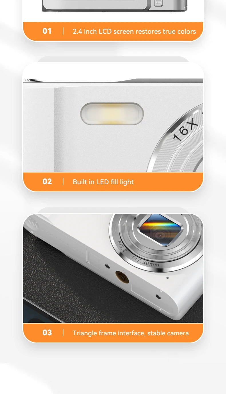 Digital Cameras1080P Camera 44MP Camera Portable Compact Camera with 2.4 Inch LCD Screen16x Digital Zoom, 32G Micro Memory Card