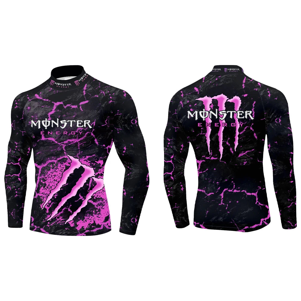 2025 New Monster Energy Men's Half High Collar Long Sleeve T-shirt Cool Crack Printed Sports Passion Dynamic Street Vitality