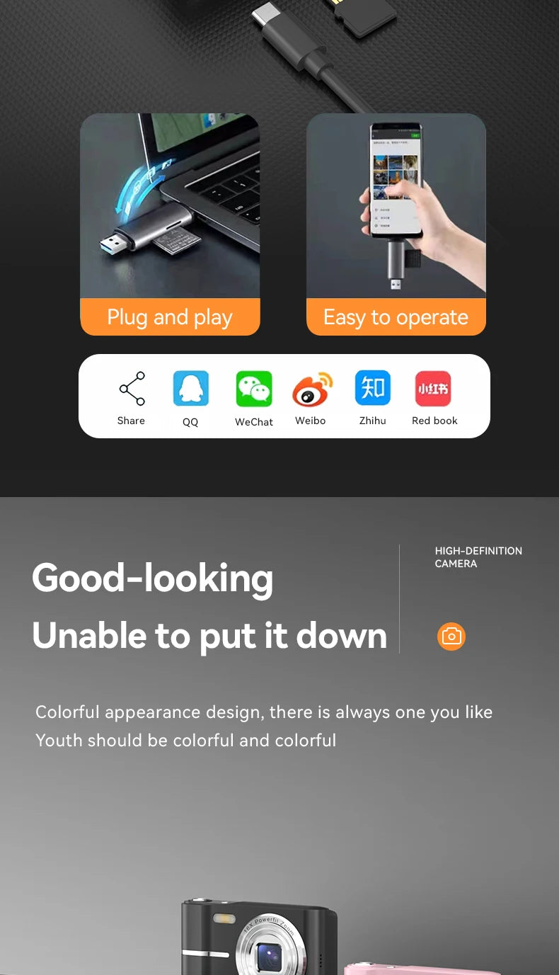 Digital Cameras1080P Camera 44MP Camera Portable Compact Camera with 2.4 Inch LCD Screen16x Digital Zoom, 32G Micro Memory Card