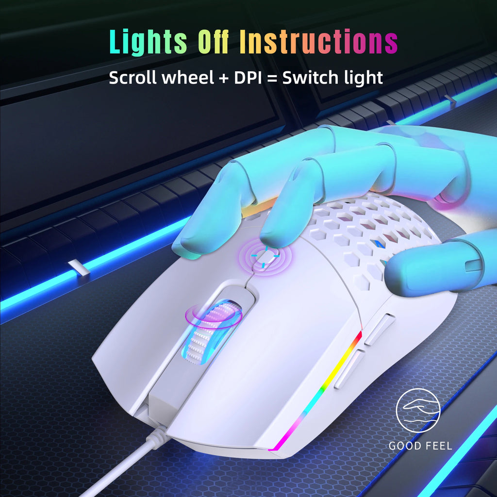 6 Keys Wired Gaming Mouse Honeycomb Hollow Design Colorful Backlight Adjustable 6400 DPI Mouse for Home office PC Gamer