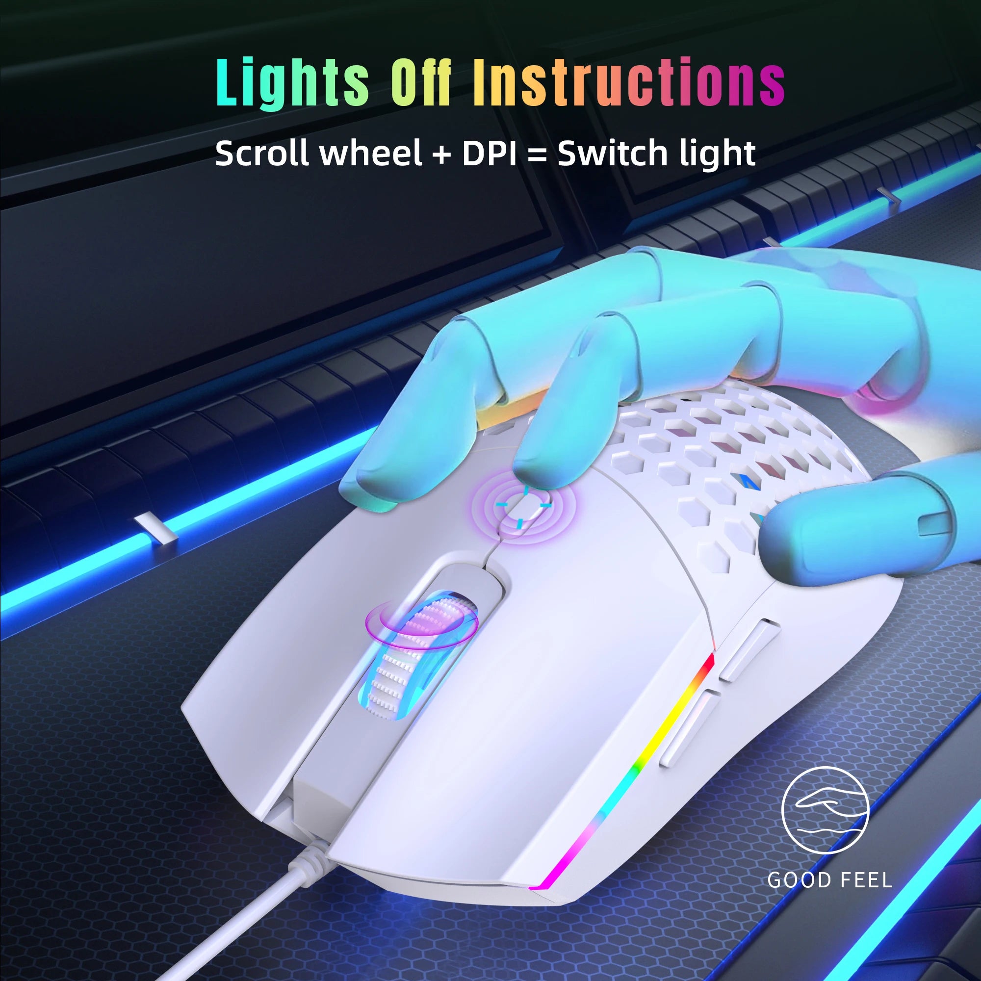 6 Keys Wired Gaming Mouse Honeycomb Hollow Design Colorful Backlight Adjustable 6400 DPI Mouse for Home office PC Gamer