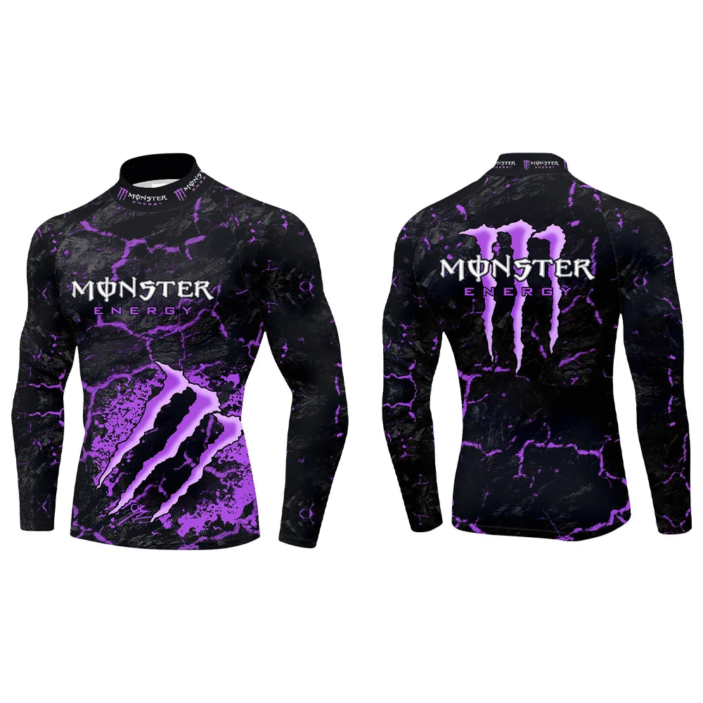 2025 New Monster Energy Men's Half High Collar Long Sleeve T-shirt Cool Crack Printed Sports Passion Dynamic Street Vitality