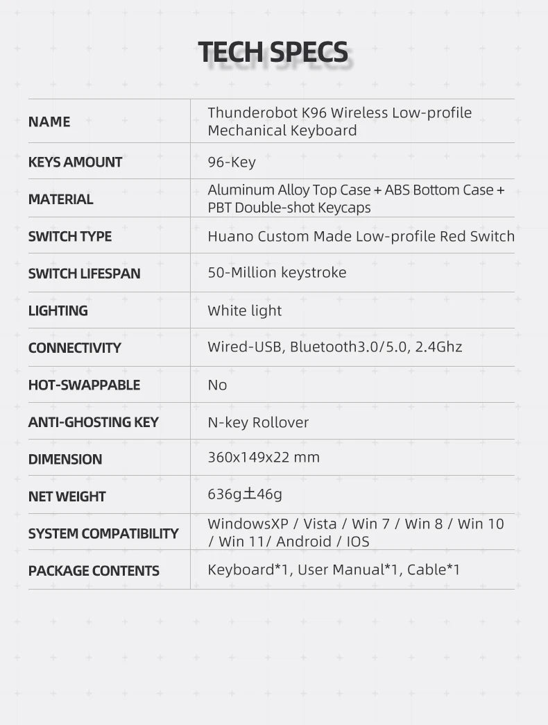 THUNDEROBOT K96 Wireless Mechanical Keyboard Low-profile Productivity Keyboard 98 Keys with Roller Marco Keys PBT Keycaps For PC